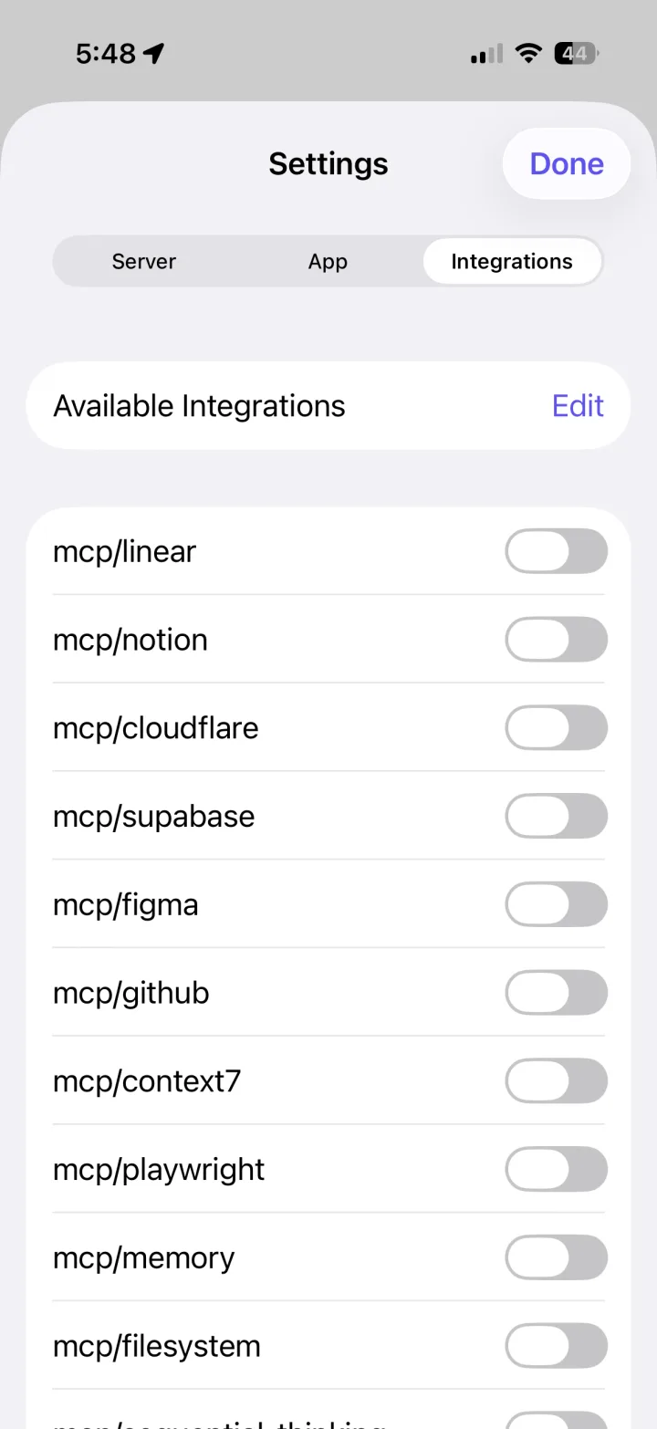 LLMster's Available Integrations list with MCP servers ready to toggle on