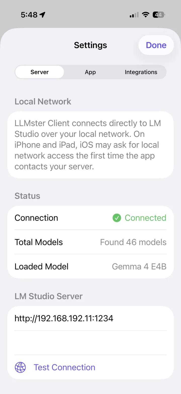 LLMster Server settings showing a connected LM Studio server with 46 models found