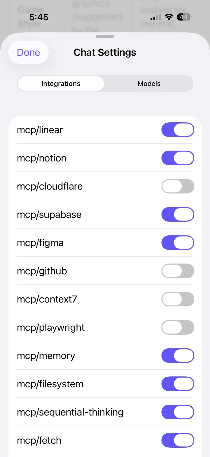 Per-chat MCP integration toggles