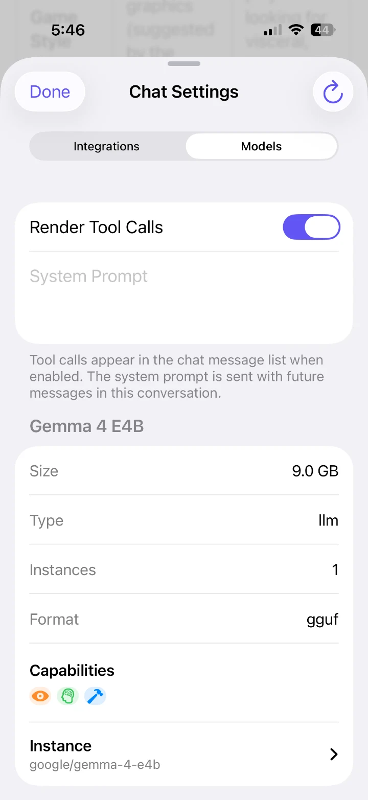 Per-chat model settings: render tool calls and system prompt