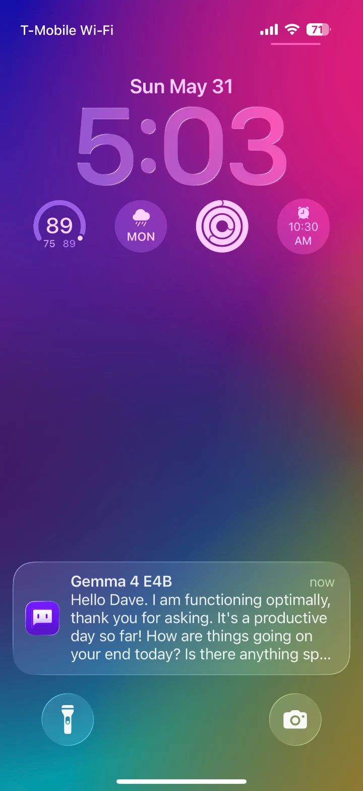 Lock-screen notification with the model's reply